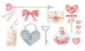 Watercolor set of Heart Shaped elements for Valentines day