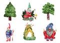 Watercolor magic garden gnomes like santa and forest trees Royalty Free Stock Photo