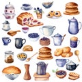 Watercolor set of homemade baking and kitchen accessories, food stickers