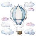 Watercolor set with hot air balloon and clouds. Hand painted sky illustration with aerostate isolated on white Royalty Free Stock Photo