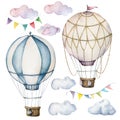 Watercolor set with hot air balloons and garland. Hand painted sky illustration with aerostate, clouds and flags