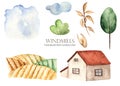 Watercolor set with house, landscape with field, oats, cloud, bush