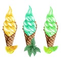 Watercolor set of ice cream cones isolated on white background. Hand drawn illustration of lemon,lime and mint ice Royalty Free Stock Photo