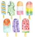 Watercolor set of ice cream. Summer colorfull dessert on isolated white background for party card, greeting card, banner