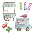 Watercolor set of ice creams and ice cream shop