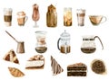 Watercolor set illustrations of coffee cup, coffee beans, coffee grinder, cappuccino, latte Royalty Free Stock Photo