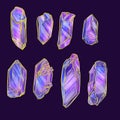 Watercolor set of illustrations of crystals on purple background. The drawn elements of the clipart Royalty Free Stock Photo