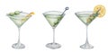 Watercolor set of illustrations. Hand painted green cocktails in martini glass with green olives, slice of lemon, peel. Alcohol Royalty Free Stock Photo