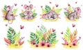 Watercolor set of illustrations of little mouse, basket, butterflies, forest mushrooms. Royalty Free Stock Photo