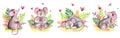 Watercolor set of illustrations of little mouse, basket, butterflies, forest mushrooms. Royalty Free Stock Photo