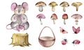 Watercolor set of illustrations of little mouse, basket, butterflies, forest mushrooms. Royalty Free Stock Photo