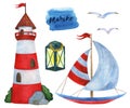 Watercolor set of illustrations on the marine theme