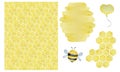 Watercolor set of illustrations in the theme of beekeeping with honeycomb geometric pattern isolated on white background