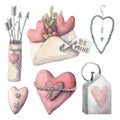 Watercolor set of illustrations in vintage style Romantic hand-drawn illustrations are perfect for greeting cards