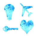 Watercolor set isolated on white background. Background watercolor. Light bulb, airplane, heart, key blue