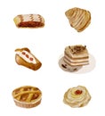 Watercolor set of italian traditional sweets. Six tasty dessert from Naples