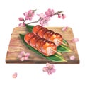 Watercolor set of Japanese famous traditional snack dango on leaves nory painted on wooden board with branch of sakura