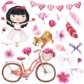 Watercolor set of japanese girl, feathers, sakura flowers, flag garland, dog Shiba Inu, bicycle and bows. Royalty Free Stock Photo