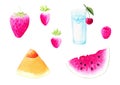 Watercolor set juicy fruit and berries: watermelon, cantaloupe, strawberries, raspberry, cherry and glass of ice water. Isolated Royalty Free Stock Photo