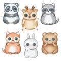 Watercolor set with kawaii cartoon cute deer, fox, raccoon, panda, bear and rabbit Royalty Free Stock Photo