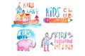 Watercolor set of kids club and playground logos. Hand-drawn collection of promotional symbols with calligraphic