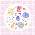 Watercolor set with knitting, a ball of woolen threads, knitting needles, a needle, buttons. Pattern with tools for knitting and Royalty Free Stock Photo