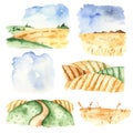 Watercolor set with landscapes of autumn wheat fields