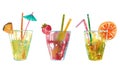 Watercolor set of lemonades. Several soft drinks in a glass with a straw Royalty Free Stock Photo