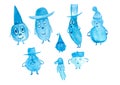 watercolor set of little blue funny men, in cartoon hats, in winter, in the cold child