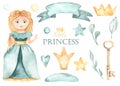 Watercolor set with little princess girl, crown, ribbon, leaves, hearts, stars in ultramarine green