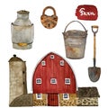 Watercolor set of a local production farm building, bucket, shovel gumboots,and a lock