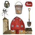 Watercolor set of a local production farm building, bucket, shovel gumboots,and a lock Royalty Free Stock Photo