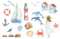 Watercolor set of marine objects. Hand painted lighthouse, sailboat, dolphins and seagulls isolated on whit. Romantic Royalty Free Stock Photo