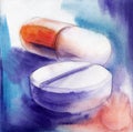 Watercolor set of medical drugs. White round tablet and pill in capsule on abstract blue background. Hand drawn illustration of