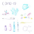 Watercolor set - medical mask, gloves, molecule, formula, tablets, ampoule, syringe, dropper Royalty Free Stock Photo