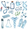 Watercolor set of medicine and healthcare objects. Medical tools. Royalty Free Stock Photo
