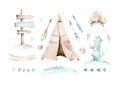 Watercolor set with mexican ethnic elements: cactus ,teepee tent, traditional wigwam, feather, arrow. Boho party