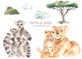 Watercolor set mom and baby Africa lions, lemurs, acacia, bush, clouds