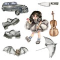 Watercolor set of mystical watercolor illustrations,black shoes,car,umbrella, knife,bat,cello,Wednesday. Elements are isolated on