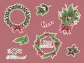 Watercolor set of New Year and Christmas stickers with wreaths, fir branches, lollipops, holly and red bows Royalty Free Stock Photo