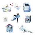 Watercolor set with objects connected to post and mail: mailboxes, envelopes, stamp, post pigeon Royalty Free Stock Photo