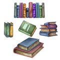 Watercolor set with old books. Original illustration of old school books . School design. ClipArt elements