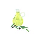 Watercolor set with olives, olive branches, a bottle of olive oil