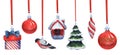 Watercolor set of ornaments for Christmas tree hanging on red ribbons. Thematic glass toys on white backdrop: balls Royalty Free Stock Photo