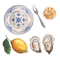 Watercolor set with oysters, plate and lemons.