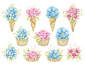 Watercolor set with pink and blue flowers in waffle cones and muffins Royalty Free Stock Photo