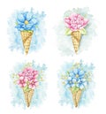 Watercolor set with pink and blue flowers in waffle cones on blue spot backdrop Royalty Free Stock Photo