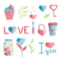 Watercolor set with pink and blue hearts, lock, key, cupcake, leaves, a glass of coffee, a jar. Royalty Free Stock Photo