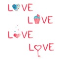 Watercolor set with pink and blue hearts, lock, key, cupcake, leaves, a glass of coffee, a jar. Royalty Free Stock Photo