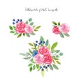 Watercolor set with pink roses, blue flowers and greenery bouquets Royalty Free Stock Photo